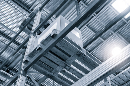 warehouse interior with cardboard boxes on shelves close upの写真素材