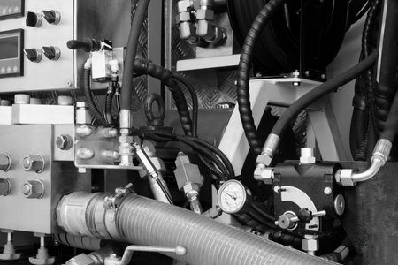 A close up of a machine with many tubes and valves. The tubes are connected to a pump and the valves are used to control the flow of fluid. The machine is likely used for industrial purposesの写真素材