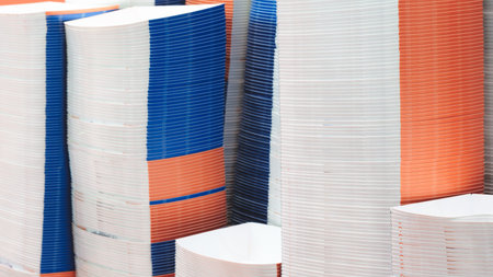 A stack of paper plates with blue and orange stripes. The plates are piled high and are of different...