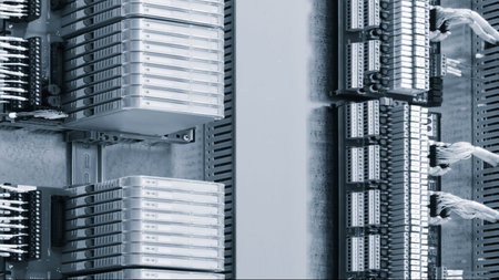 A row of blue computer parts. data storage for internet server