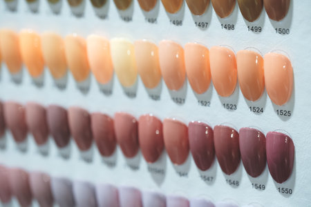 A row of nail polish colors are displayed on a white background. The colors range from light to dark, with some shades being more vibrant than others. Concept of variety and choiceの写真素材