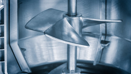 A silver propeller is shown in a blue background. The propeller is in a machine and is the main focus of the imageの写真素材