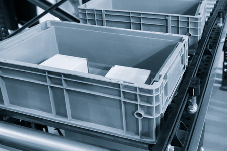 Two gray plastic containers on a conveyor belt. The containers are empty and are waiting to be filledの写真素材