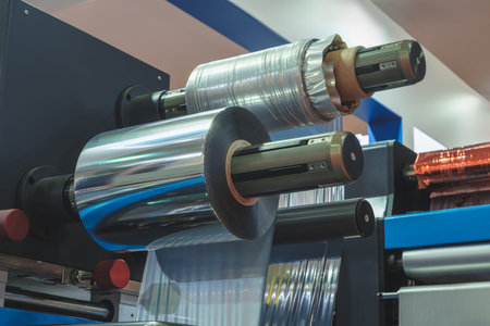 Automatic polyethylene plastic bag production machine with lighting effect. Close-up of the roller...
