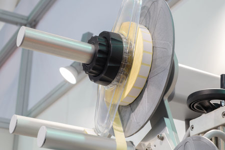 Fragment of the conveyor of sticking labeling machine. Abstract industrial background.