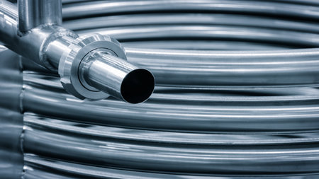 A close up of a group of metal pipes as industrial background. pipes are silver and have a shiny appearance. Concept of industrial Chemical pharmaceutical deviceの写真素材