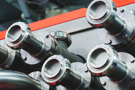 A close up of a group of metal pipes as industrial background. pipes are silver and have a shiny appearance. Concept of industrial Chemical pharmaceutical deviceの写真素材
