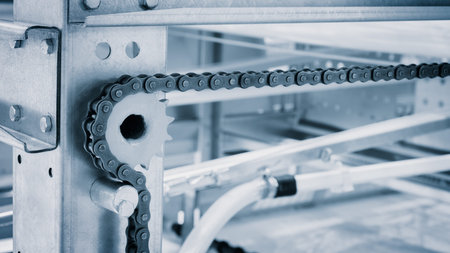 A chain is attached to a metal structure. The chain is black and silver