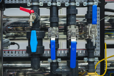 Industrial concept. Boiler equipment - valves, tubes, pressure gauges, thermometers, heaters, tanks,...