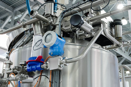 Industrial concept. Boiler equipment - valves, tubes, pressure gauges, thermometers, heaters, tanks,...