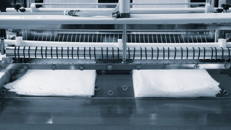 Automatic polyethylene plastic bag production machine with lighting effect. Close-up of the roller...