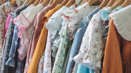 A rack of clothes with a variety of colors and patterns. The clothes are hanging on a rack, and there are many different types of clothing, including shirts, dresses, and jacketsの写真素材
