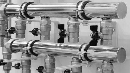 Water supply wiring in the boiler room, metal and plastic pipes, filters, taps and shut-off valves, fittings, valves and pressure gauges and thermometers, heating boilers and tanksの写真素材