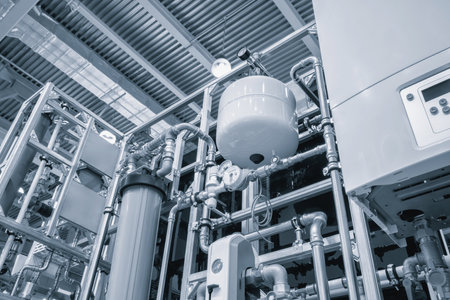 Water supply wiring in the boiler room, metal and plastic pipes, filters, taps and shut-off valves, fittings, valves and pressure gauges and thermometers, heating boilers and tanksの写真素材