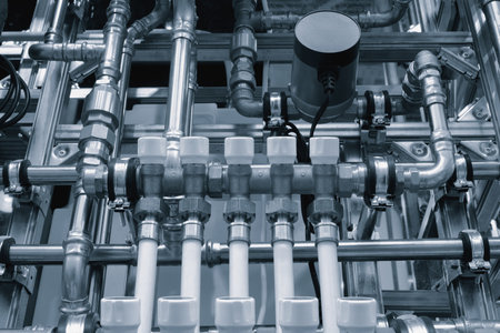 Water supply wiring in the boiler room, metal and plastic pipes, filters, taps and shut-off valves,...