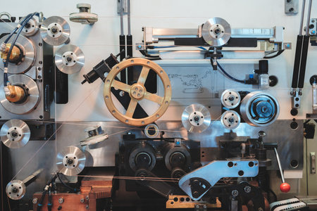 A machine with many gears and a wheel. The machine is made of metal and has a lot of partsの写真素材