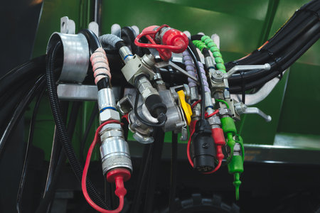 A bunch of colorful rubber hose clamps are hanging from a vehicle. The clamps are in various colors, including green, red, blue, and yellow. Concept of organization and attention to detailの写真素材