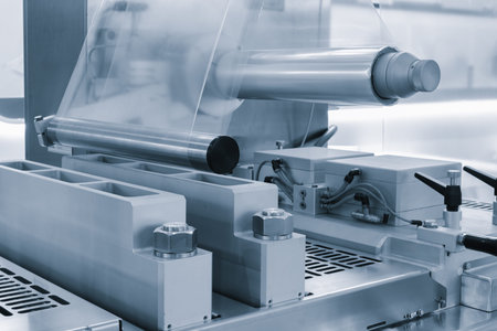 Automatic polyethylene plastic bag production machine. Close-up of roller of plastic bag production...