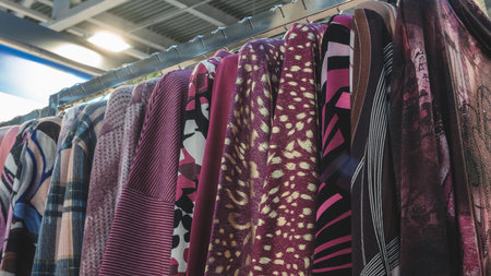 A rack of clothes with a red shirt on the left and a brown shirt on the right. The clothes are hanging on a rack and are of different colors and stylesの写真素材