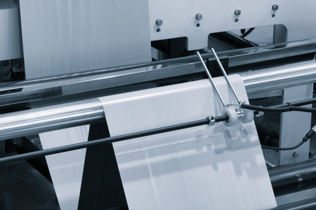Automatic polyethylene plastic bag production machine with lighting effect. Close-up of the roller...