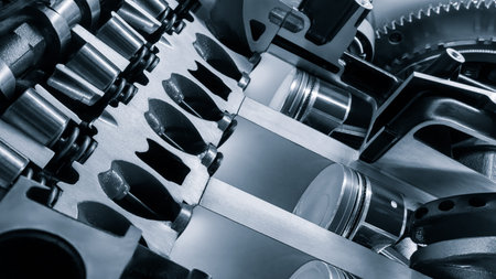 A close up of a car engine with the pistons and cylinders visible. Concept of complexity and...