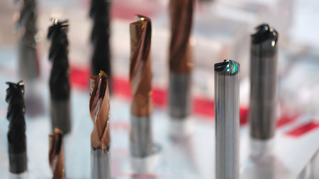 industrial milling metal cutting tool with carbide cutter insert in workshop. Drills with...