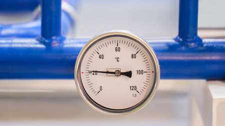 Blue water supply pipe with white thermometer on it. Industrial concept background