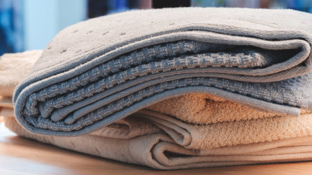 A stack of towels and a blanket on a table. The towels are white and the blanket is blueの写真素材