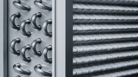 Close up of an industrial metal radiator The radiator is made of metal and has many small tubes