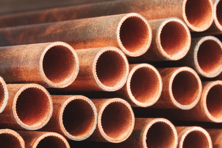 A row of pipes with a brownish color. The pipes are stacked on top of each other. industrial concept backgroundの写真素材