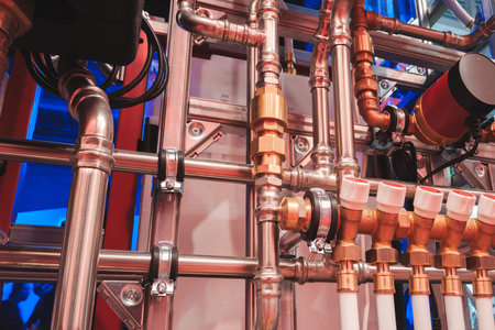 Water supply wiring in the boiler room, metal and plastic pipes, filters, taps and shut-off valves,...