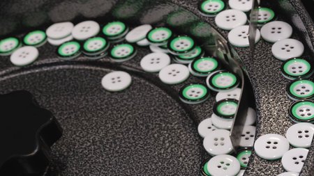 A pile of buttons with some green and white ones. The buttons are in a circular shape and are scattered aroundの写真素材