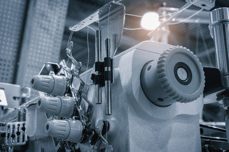 A machine is weaving a fabric with many threads. The machine is in a factory. Concept of industry...