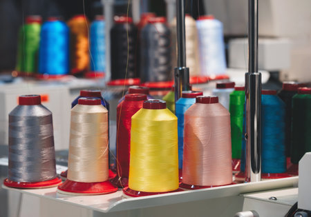A row of colorful spools of thread are displayed on a table. The spools are arranged in a way that they are all visible and easy to access. The colors of the spools are bright and vibrantの写真素材