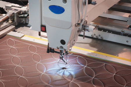 A sewing machine is in use, stitching a pattern onto a piece of fabric. The machine is large and has a blue and white design. Concept of precision and craftsmanshipの写真素材