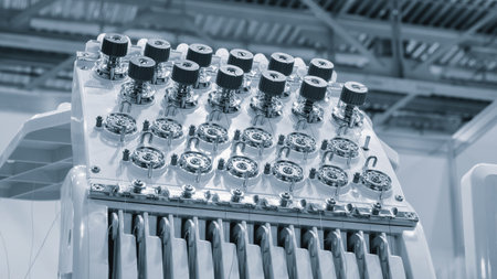 A machine is weaving a fabric with many threads. The machine is in a factory. Concept of industry...
