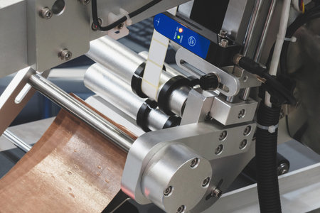 Fragment of the conveyor of sticking labeling machine for packaging food products or...