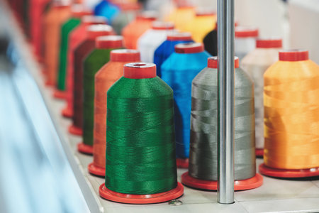 A row of colorful spools of thread are displayed. The spools are arranged in a way that they are all...