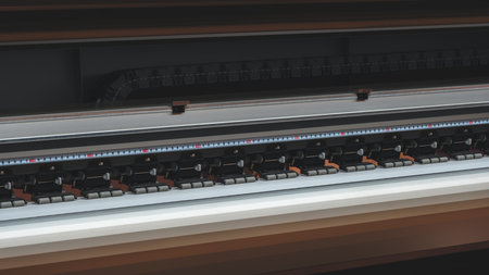 A printer with a ruler on it. The ruler is black and white and has numbers on itの写真素材