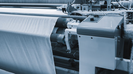 A machine is weaving a piece of fabric. The machine is made up of many parts, including a large metal piece that is connected to a hoseの写真素材