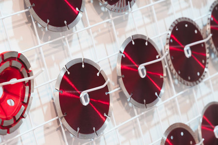 Metal red circular saw blades for metal and wood cutting hang in a rowの写真素材