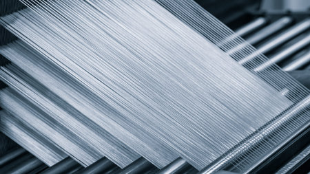 A machine is weaving a piece of fabric. The machine is made up of many parts, including a large...