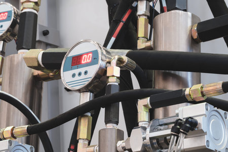 A digital pressure gauge is attached to a pipe.