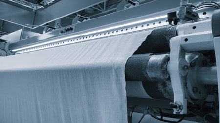A machine is weaving a piece of fabric. The machine is made up of many parts, including a large...