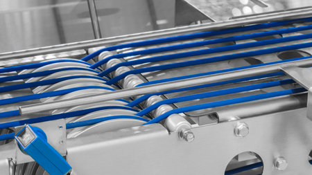A conveyor belt with blue and silver stripes. The belt is moving and the image is in black and white