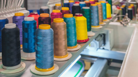 A row of colorful spools of thread on a shelf. The spools are of different colors and sizes.の写真素材