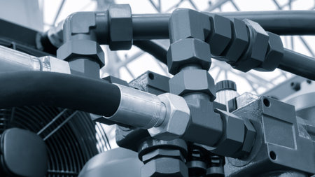 Bundle of pipes connected to industrial hydraulic pneumatic machine, industrial concept background
