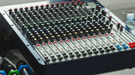 An audio mixing console with multiple control knobs on a conference table