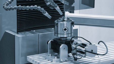 A machine with a black and silver casing and a white and silver part. machine is in a factory...