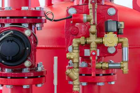 Red modern fire fighting industrial equipment tanks, taps valves pumps